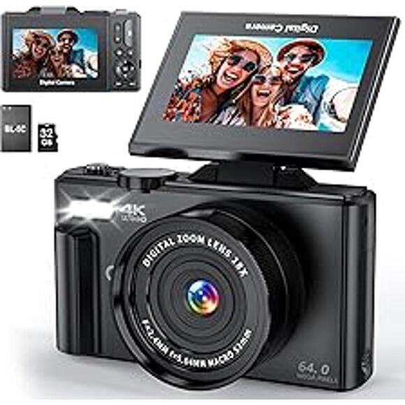 4K Digital Camera for Photography WiFi 64MP UHD Vlogging Camera with 18X Digi